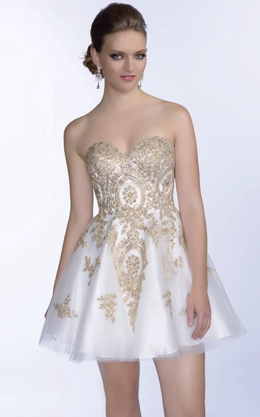 Sweetheart Metallic Prom Dress with Beaded Appliques and Mini A-Line Skirt Unique Prom Dress