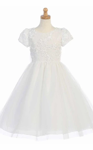 Embroidered Tulle Sequin Flower Girl Dress Tea-Length