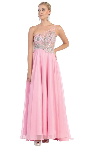 Illusion Tulle Prom Dress with Beading and Pleats A-Line Sleeveless One-Shoulder