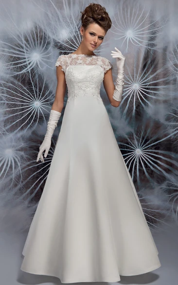 Jewel-Neck Cap-Sleeve Satin A-Line Wedding Dress with Illusion and Elegant Design