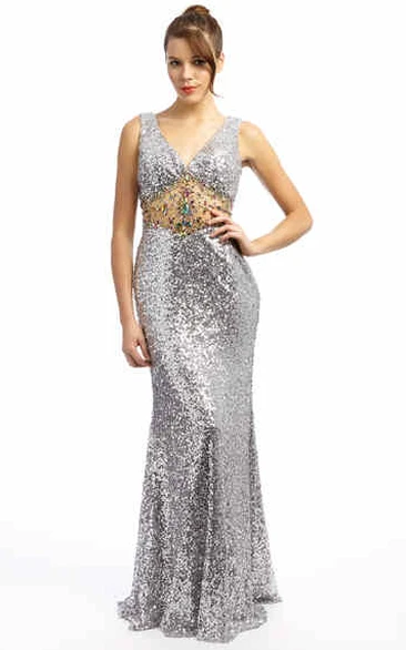 Trumpet Beaded V-Neck Sequins Prom Dress Sleeveless Long Style