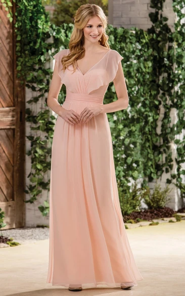 Cap-Sleeved V-Neck Bridesmaid Dress with Ruffles Unique Country Bridesmaid Dress