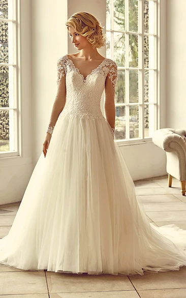 Tulle&Lace Cap-Sleeve V-Neck Wedding Dress Maxi Appliqued