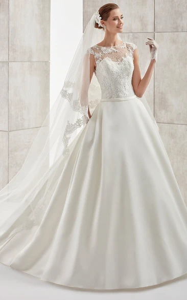 Illusive Design A-line Satin Wedding Dress with Jewel-Neck and Cap-Sleeves Unique Wedding Dress