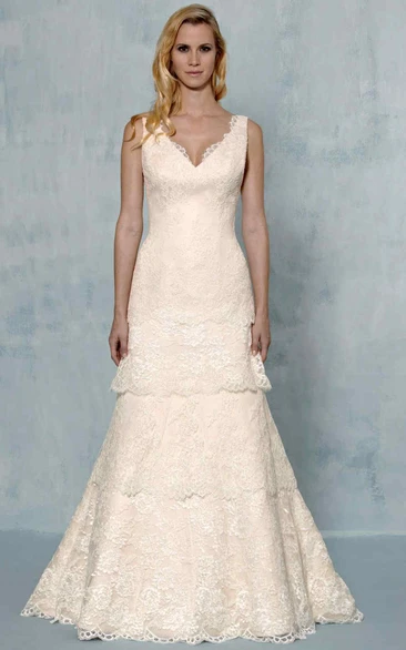 V-Neck Appliqued Lace Wedding Dress with Tiers in A-Line Style