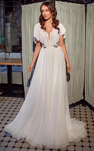 Elegant Short Sleeve A-Line Chiffon Wedding Dress with Plunging Neck and Sweep Train