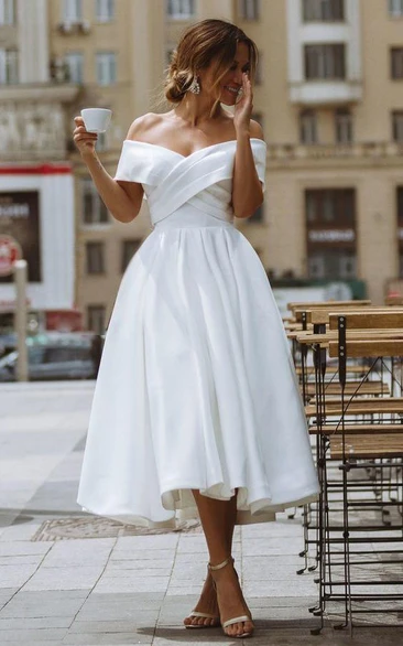 Off-Shoulder A-Line Satin Tea-length Wedding Dress with Ruching Sleeveless