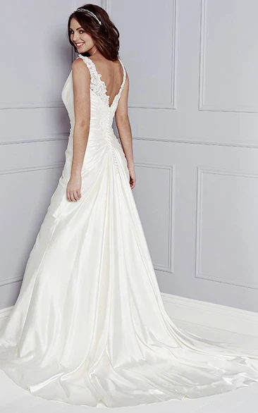 Ruched Stretched Satin A-Line Wedding Dress with Lace and Floor-Length Skirt