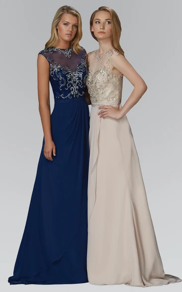 Jewel-Neck Cap-Sleeve Beaded Jersey Dress with Illusion for Prom