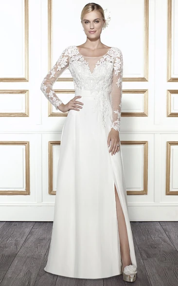 Long-Sleeve Appliqued Chiffon Wedding Dress with Scoop Neckline Flowy Bridal Gown