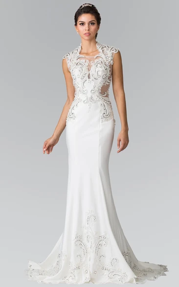 Cap-Sleeve Sheath Jersey Floor-Length Formal Dress with Appliques