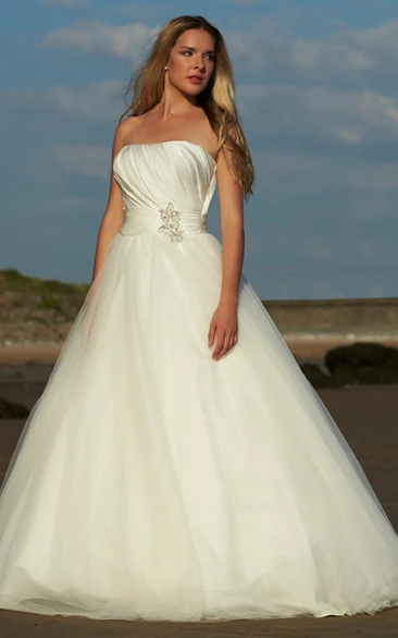 Strapless Tulle&Satin Broach Sleeveless Ball Gown Wedding Dress with Ruching Classic Wedding Dress