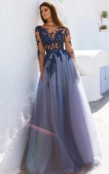 Long Sleeve Lace Tulle Bateau Evening Dress with Appliques Formal Dress
