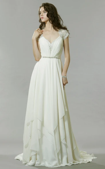Beaded Chiffon Wedding Dress with V-Neckline Jeweled Detail and Sweep Train