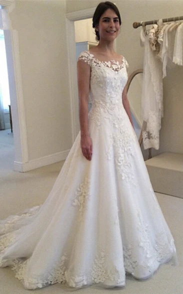 Adorable Cap Sleeve Lace Wedding Dress with Illusion Button Back