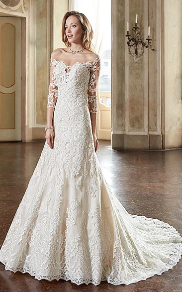 Off-The-Shoulder Lace A-Line Wedding Dress with Illusion and Appliques