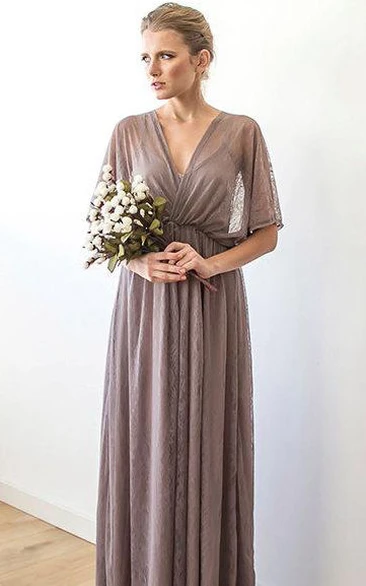 Lace Short Sleeve Formal Dress V-necked & Lined