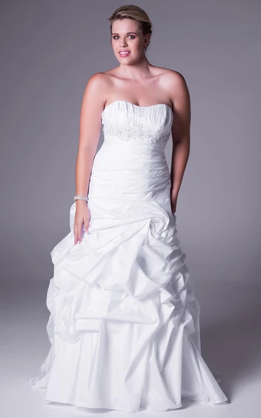 Satin Plus Size Wedding Dress Strapless with Appliques and Ruffles Sweep Train