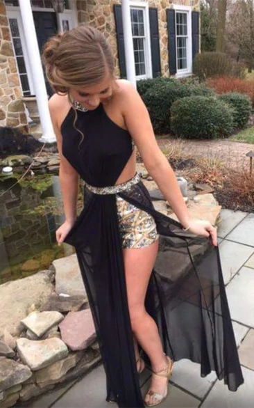 Halter Crystal Chiffon Prom Dress Sexy Black Flowy