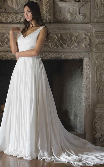 Sleeveless V-Neck Chiffon A-Line Wedding Dress with Ruching and Backless Design Flowy Bridal Gown