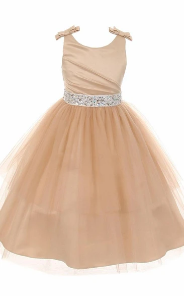 Mini Jewel Tiered Flower Girl Dress with Pleated Tulle & Satin Ribbon