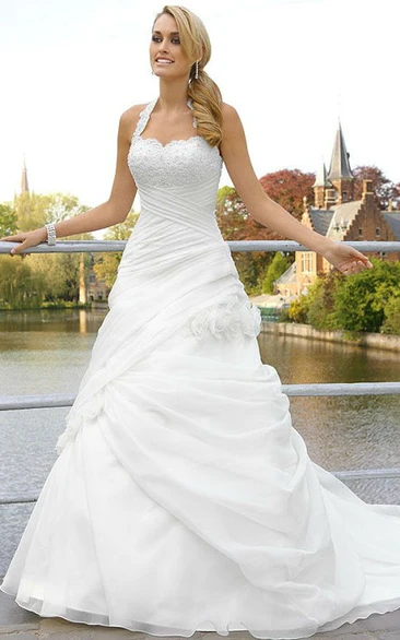 Halter Tulle Wedding Dress with Pick Up and Appliques A-Line Sleeveless Floor-Length