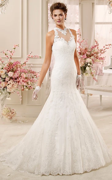 Illusive Lace High-Neck Mermaid Wedding Dress with Back Detail