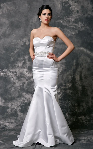 Satin Mermaid Wedding Dress with Sweetheart Sleeveless Neckline and Beaded Waist