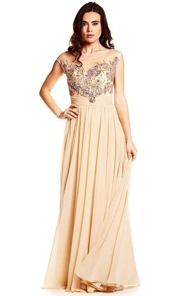 V-Back Chiffon Cap Sleeve Prom Dress Stunning Scoop Neck with Beaded Details