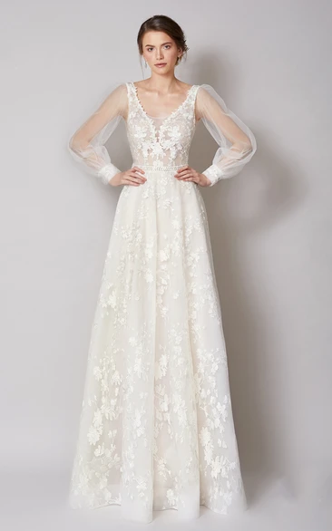 Ethereal A Line V-neck Lace Wedding Dress with Sleeves and Sash