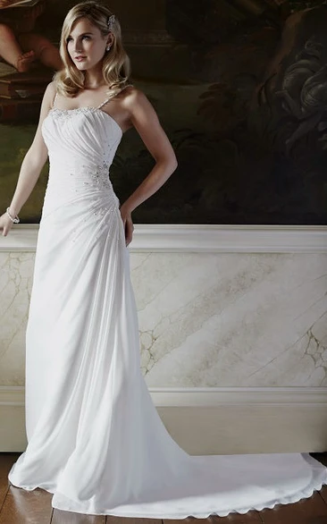 Spaghetti Strap Chiffon Wedding Dress with Side Draping and Court Train