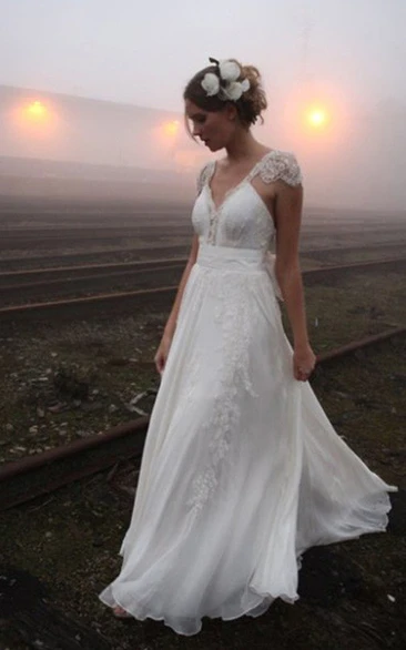 Chiffon Lace A-Line Wedding Dress with Open Back