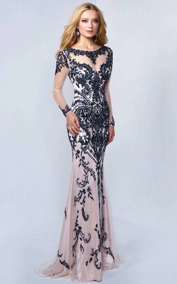 Illusion Long Sleeve Sheath Formal Dress with Beading and Deep-V Back