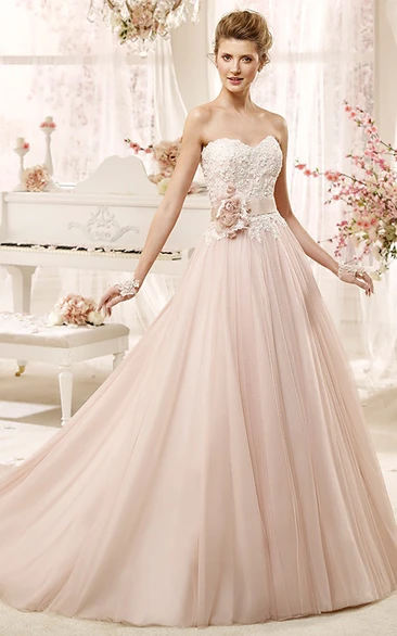 Lovely Strapless A-line Wedding Dress with Flower Sash & Pleated Skirt Classy Strapless A-line Wedding Dress