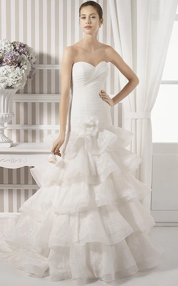 Organza A-Line Wedding Dress with Tiered Skirt and Flower Detail