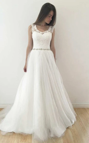 A-Line Tulle Wedding Dress with Beaded Waist and Keyhole
