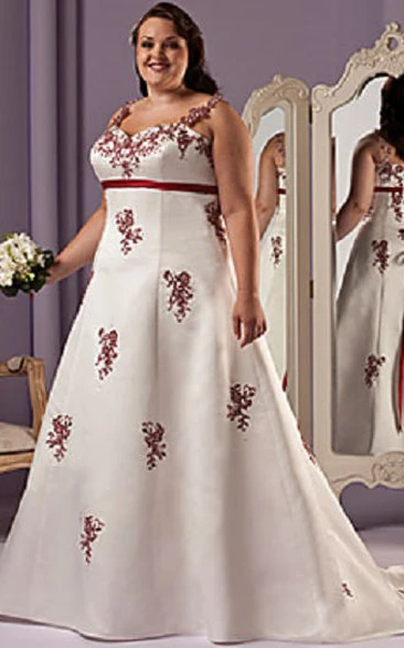 Red Satin A-Line Wedding Dress with Applique and Sash