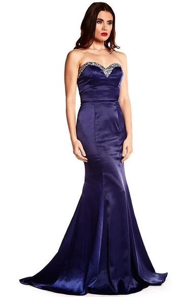 Trumpet Satin Beaded Sweetheart Prom Dress Sleeveless Brush Train Modern