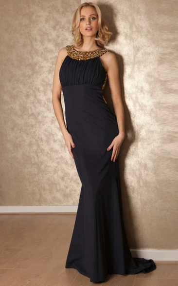 Chiffon Maxi Prom Dress with Beading and Straps Scoop Neckline