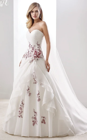 Floral A-Line Wedding Dress with Sweetheart Neckline and Side Ruffles