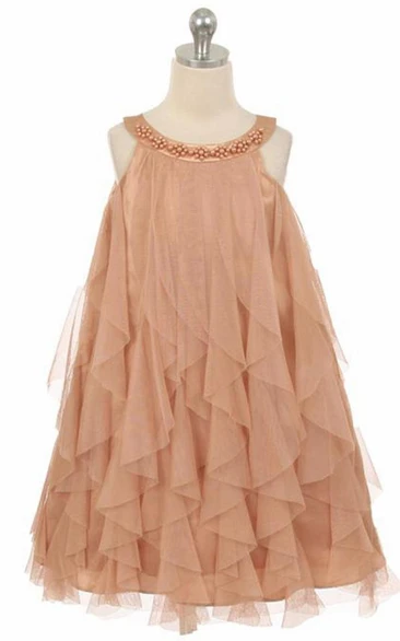 Floral Satin Tea-Length Flower Girl Dress with Beading and Ruffles