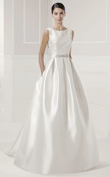 Taffeta Bridal Gown with Jewel Neck Pleats Beading Sash and Back Bows