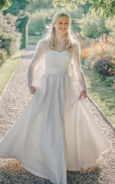 Romantic Satin Wedding Dress with Long Sleeves High Neckline and Sequins