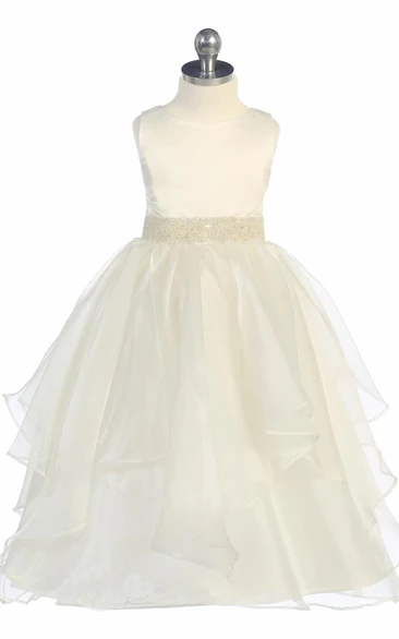 Beaded Sequins & Organza Tea-Length Flower Girl Dress Modern Wedding Dress with Ribbon