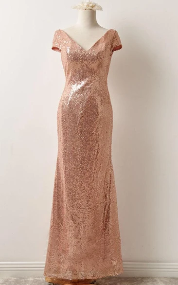 Sequins Floor-Length Bridesmaid Dress with Low-V Back Short Sleeve