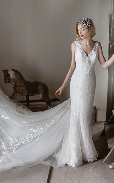 Lace V-Neck Wedding Dress with Chapel Train and Illusion Elegant Maxi Bridal Gown