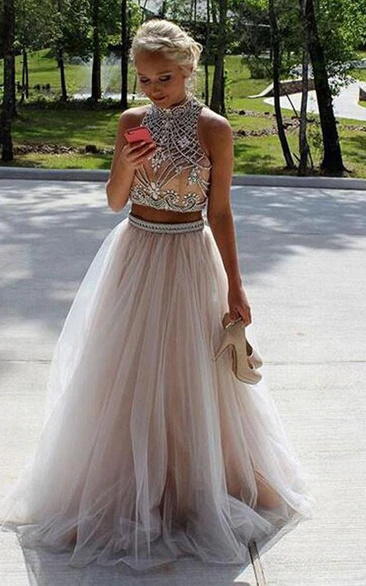 Tulle High Neck Sleeveless Formal Dress with A-Line Silhouette