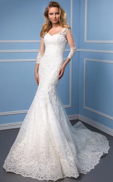 V-Neck Lace Wedding Dress with Chapel Train Mermaid Style