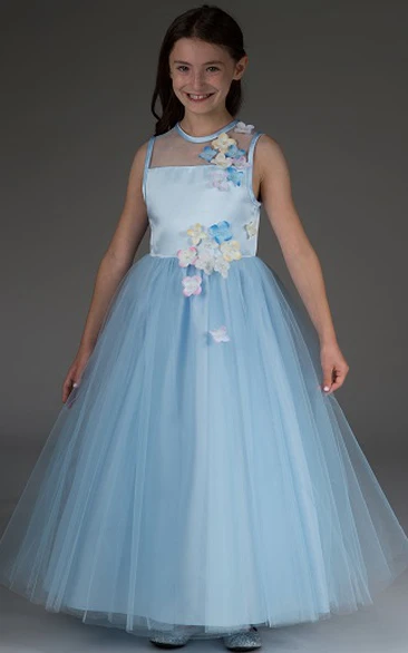 Sleeveless Tulle Ball Gown with Flowers Flower Girl Dress