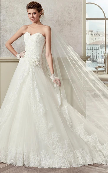 Ruched A-Line Wedding Dress with Floral Waist and Lace-Up Back